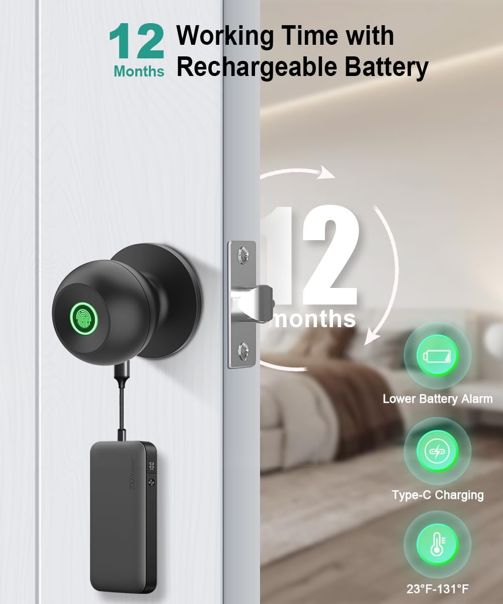 Smart Fingerprint Door Lock - Biometric Keyless Entry Knob with App Control for Home, Office & Garage