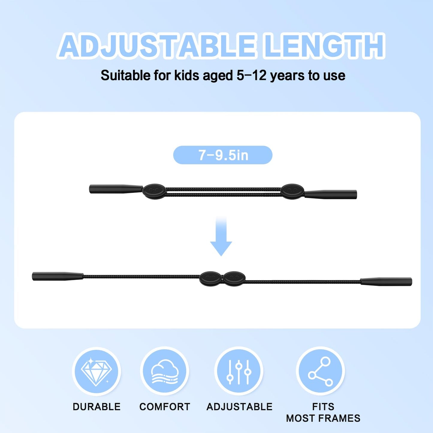 FOFALY Kids Glasses Strap, No Tail Eyeglasses Strap For Kids 3Pcs, Age 3-12 Baby Sunglasses Straps for Girls, Boys, Toddler, Holder Around Neck, Adjustable Eyewear Retainer for Sports (Black, 9.5in)