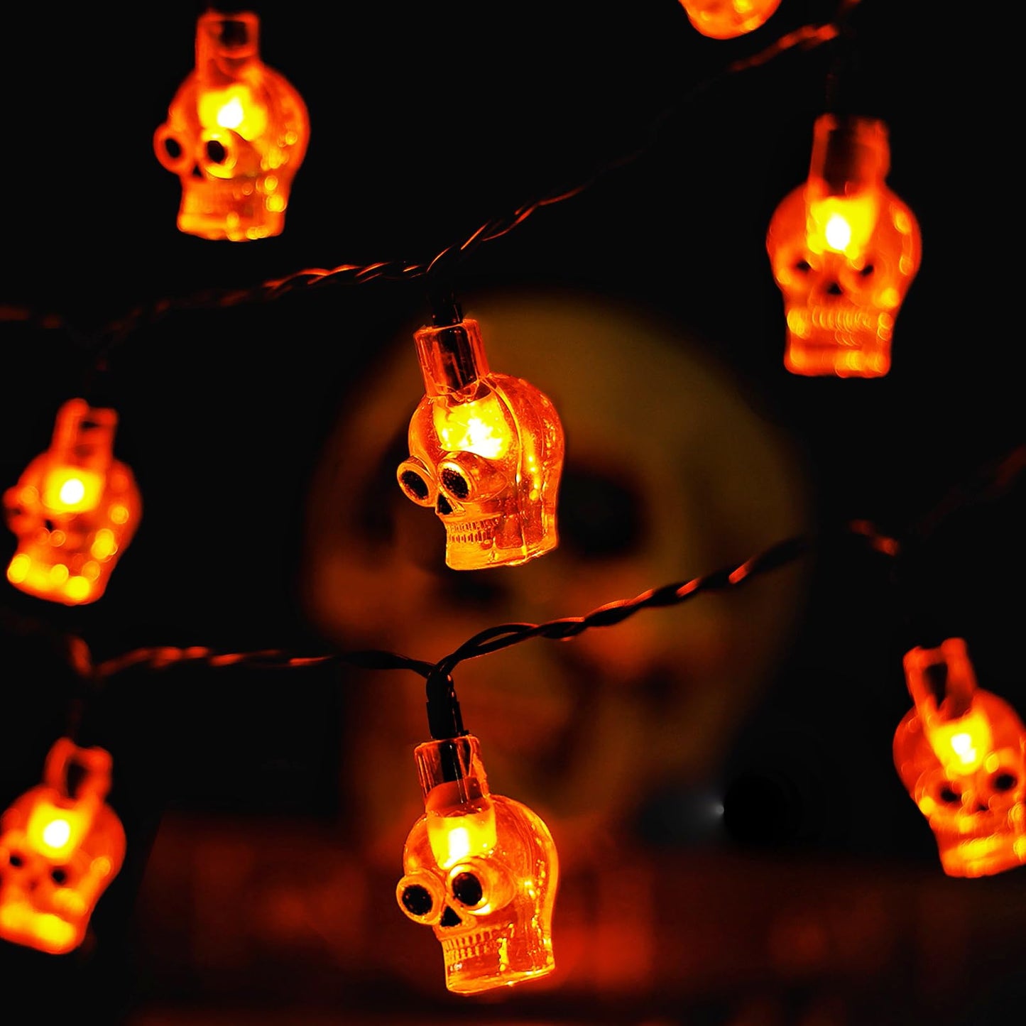 RECESKY 2Pack 20 LED Orange Skull String Lights with Timer - Total 13Ft Battery Powered Halloween String Light - Spooky Lighting for Outside Home Bedroom Dorm Classroom Halloween Decorations