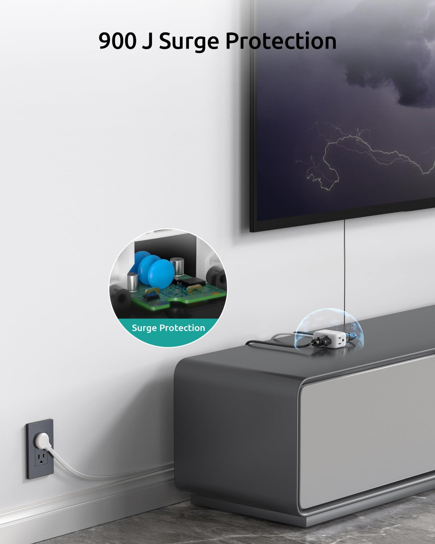 Flat Extension Cord 6ft, NUTICT Indoor 3 Prong Cord Extension with 900J Surge Protector, 13A/1625W, Low Profile Right Angle Flat Wall Plug, 3 Way Small Outlet Extender for Kitchen Home Office, White