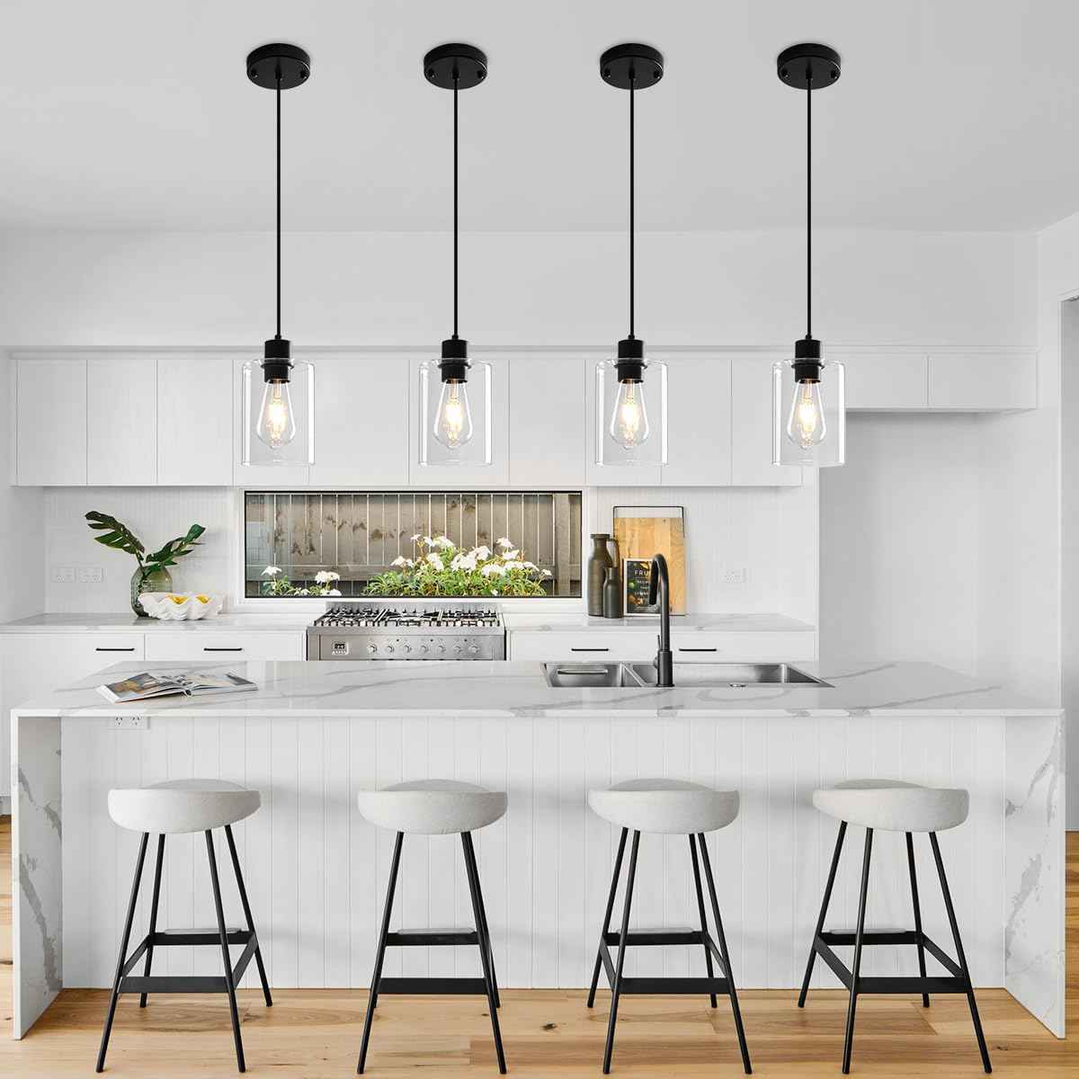 Modern Black Pendant Lights for Kitchen Island - 3 Pack Glass Hanging Fixtures