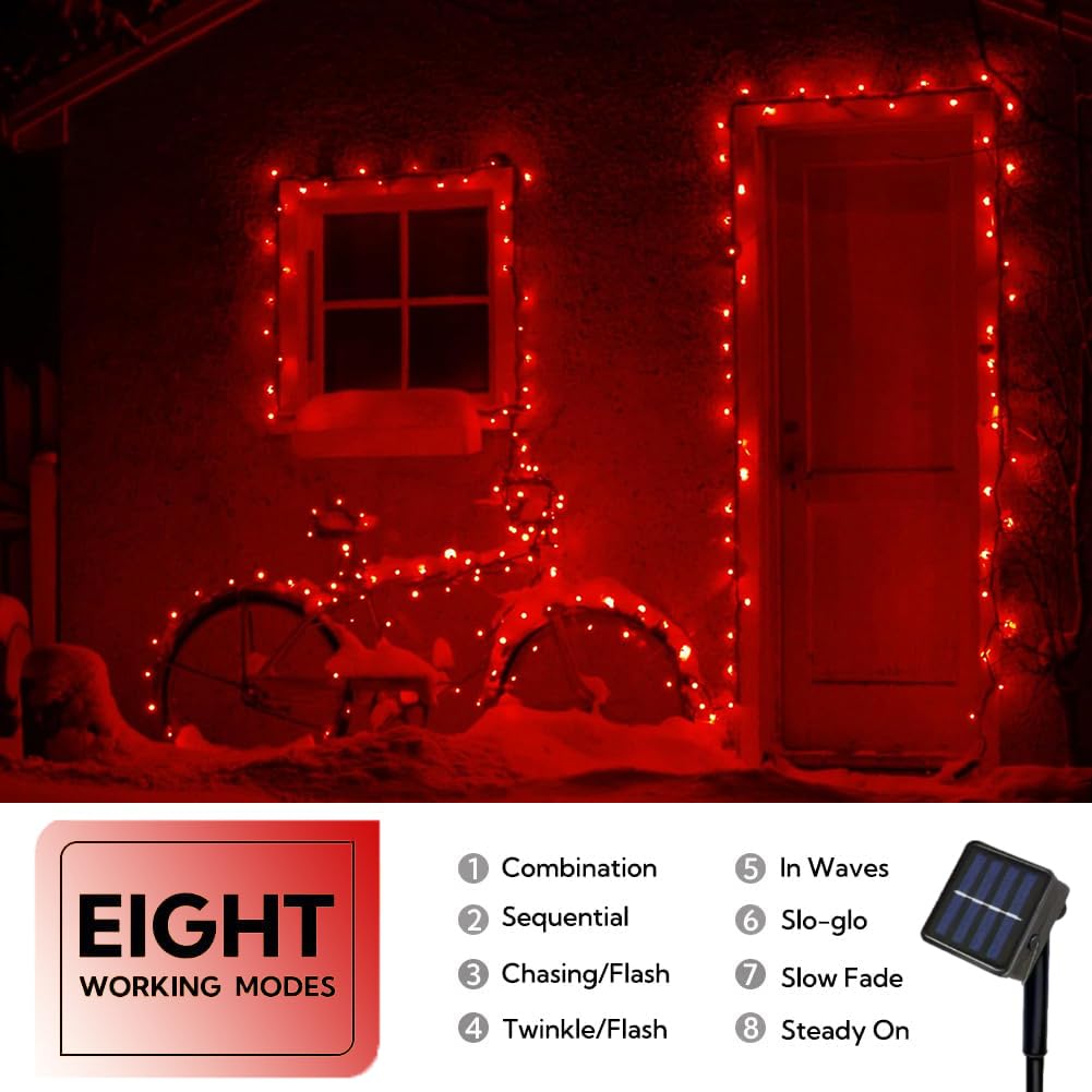 Taoushuleng Solar String Lights Outdoor with Red Light, Blackish Green Wire, 40ft 100 LED with 8 Lighting Modes for Outside,Garden,Courtyards,Trees (Red)