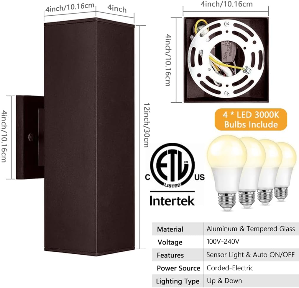 Modern Outdoor Wall Lights - Dusk to Dawn Square Matte Black Sconce with Bulbs, Aluminum Anti-Rust Up & Down Lighting for Porch & Garage