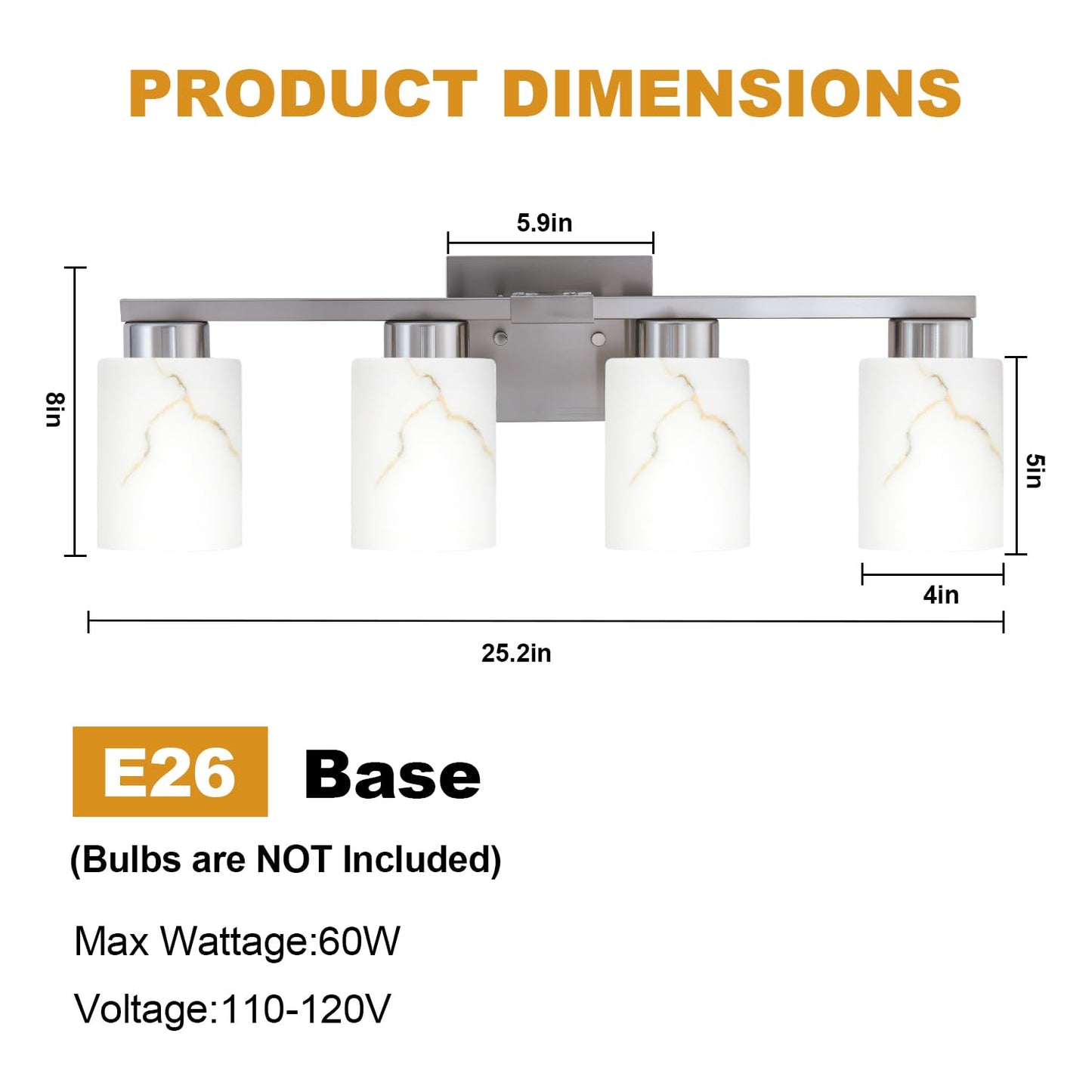 Mieloxiy 4-Light Bathroom Light Fixtures, Modern Vanity Lights, Brushed Nickel Metal Wall Lamp with White Marble Glass for Bathroom, Mirror, Living Room, Bedroom, Cabinet, Porch, Hallway, E26 Base