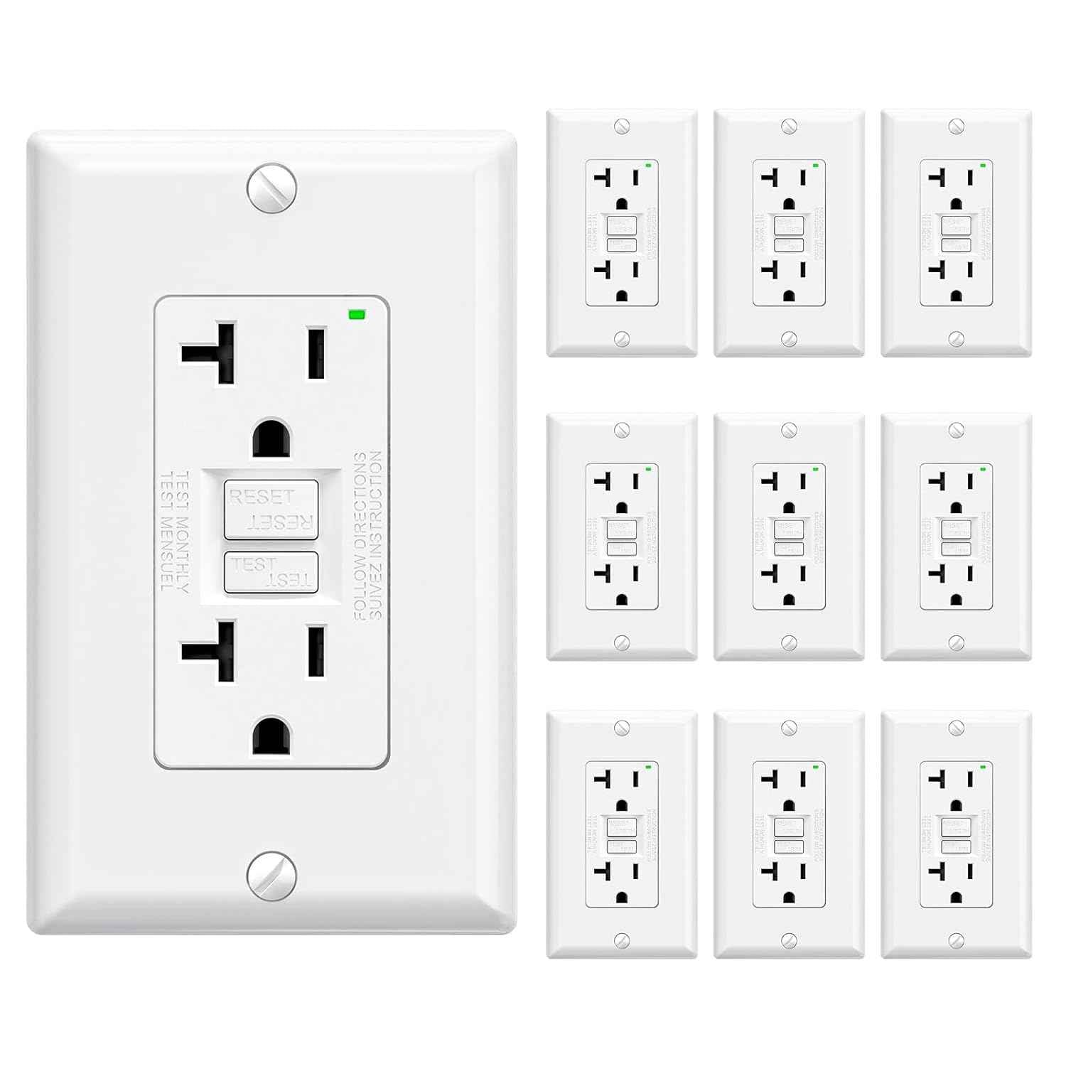 GFCI Outlet 15 Amp - Self-Test Electrical Receptacle with LED Indicator, 10 Pack
