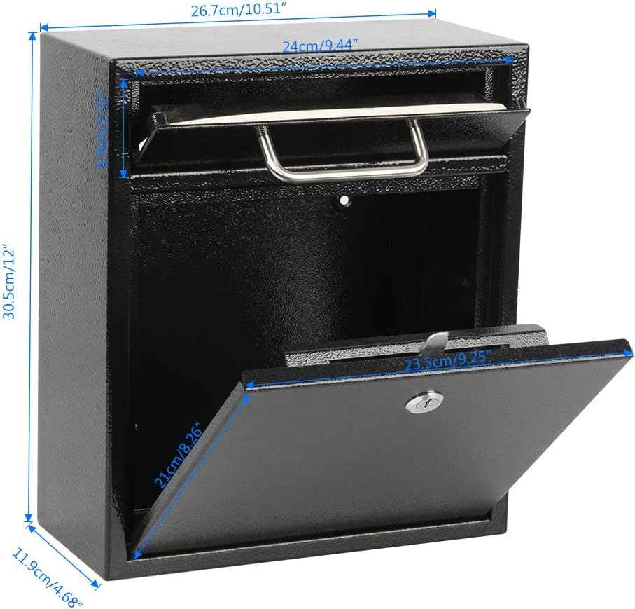 Secure Wall-Mount Mailbox with Lock | KYODOLED Large Steel Drop Box, Black, 16.2H x 11.22L x 4.72W