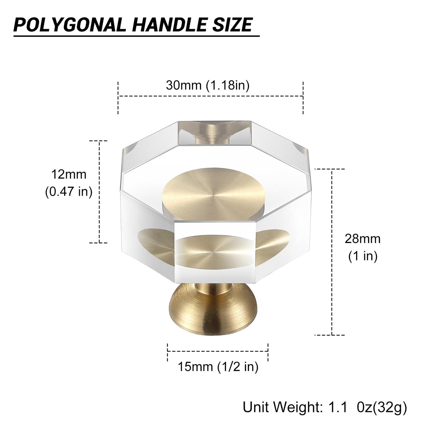 Guank 2-Pack 1-1/4-Inch Gold knob Dresser knobs White Cabinet Glass Crystal knobs Brass Drawer Polygonal Dresser Pulls, Drawer pulls