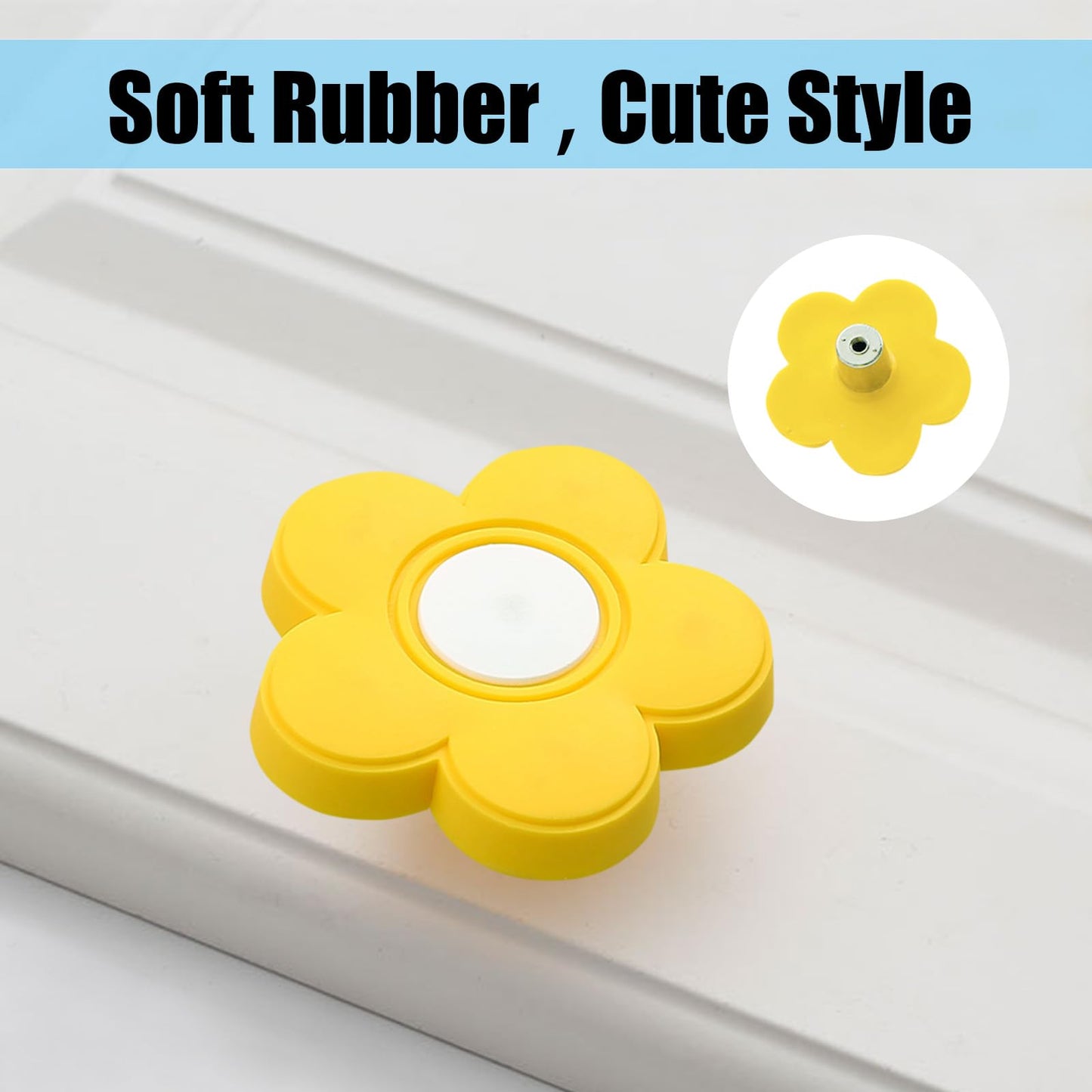 AUXBC 6pcs Yellow Flower Shape Knobs - Soft Rubber Handles, Cabinet Drawer Pulls for Kids' Rooms & Closets, 1.8x1.8x0.85 Inch with Screws