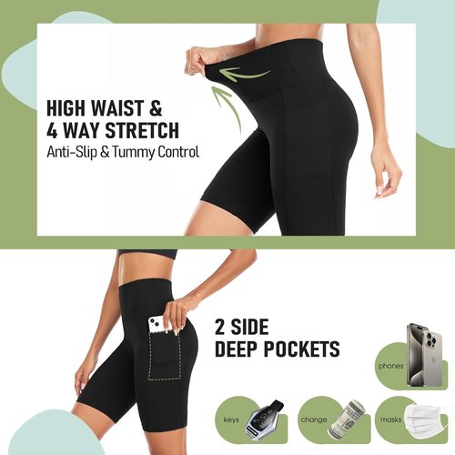 GROTEEN Biker Shorts for Women - High Waisted Tummy Control with Pockets | 8-Inch Spandex Gym Shorts