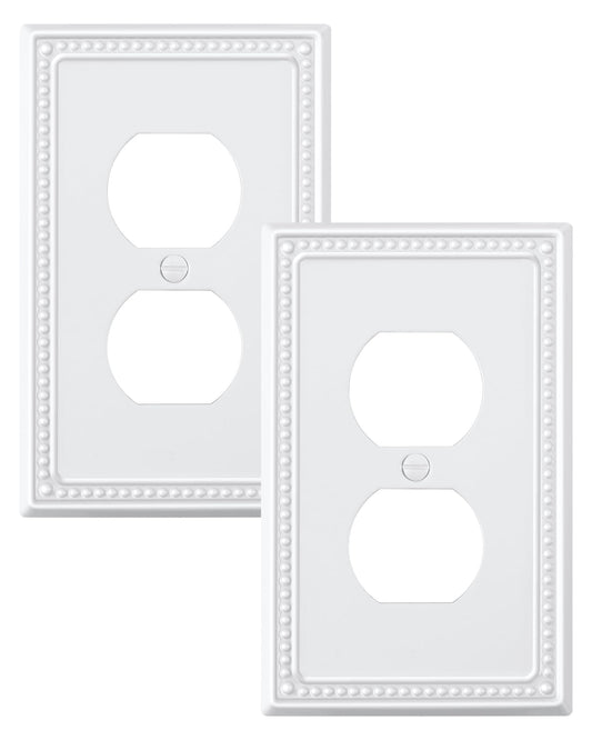 TREEWELL 2-Pack Duplex Outlet Cover Plate, Pure White Metal Wall Plates for Electrical Outlets, 1 Gang Receptacle Light Switch Cover, Pearls Decorative Switch Plates and Outlet Covers