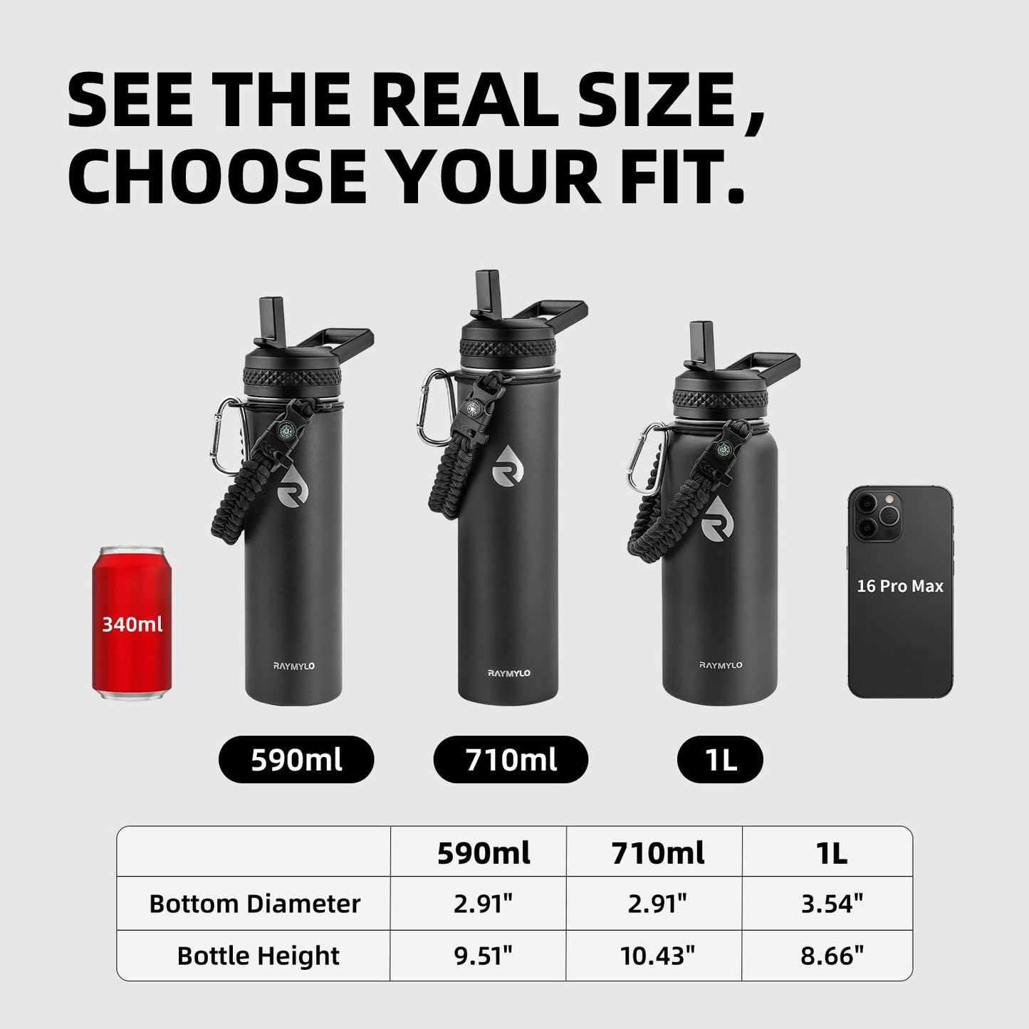 RAYMYLO Insulated Water Bottle 20 oz, Triple Wall Vacuum Stainless Steel (Cold for 24Hrs, Hot for 12Hrs), Leak Proof & Non-BPA, Modern Water Bottle Jug for School with Straw Spout Lids