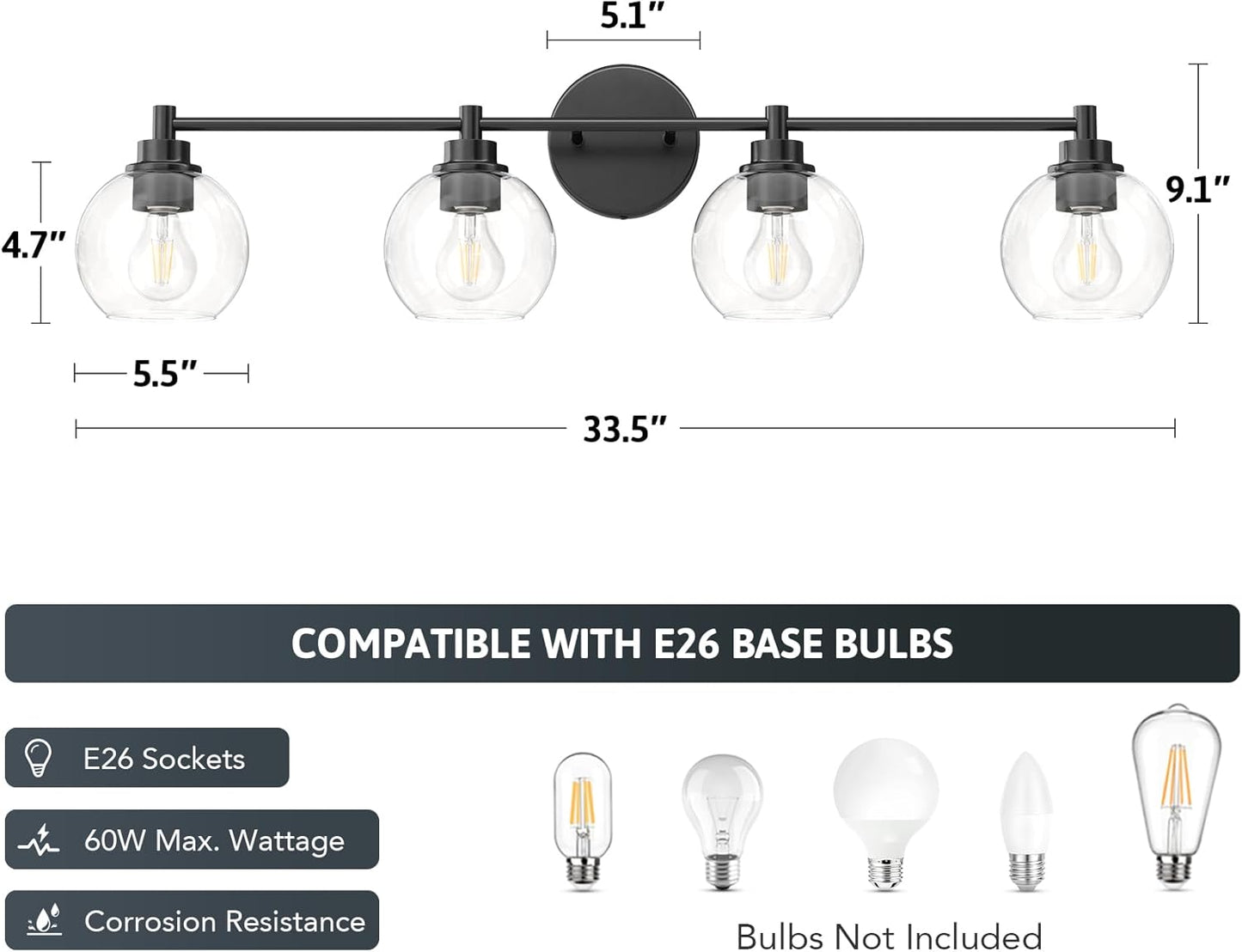 3-Light Vanity Bathroom Light Fixture with Globe Glass Shades - Brushed Nickel, ETL Certified