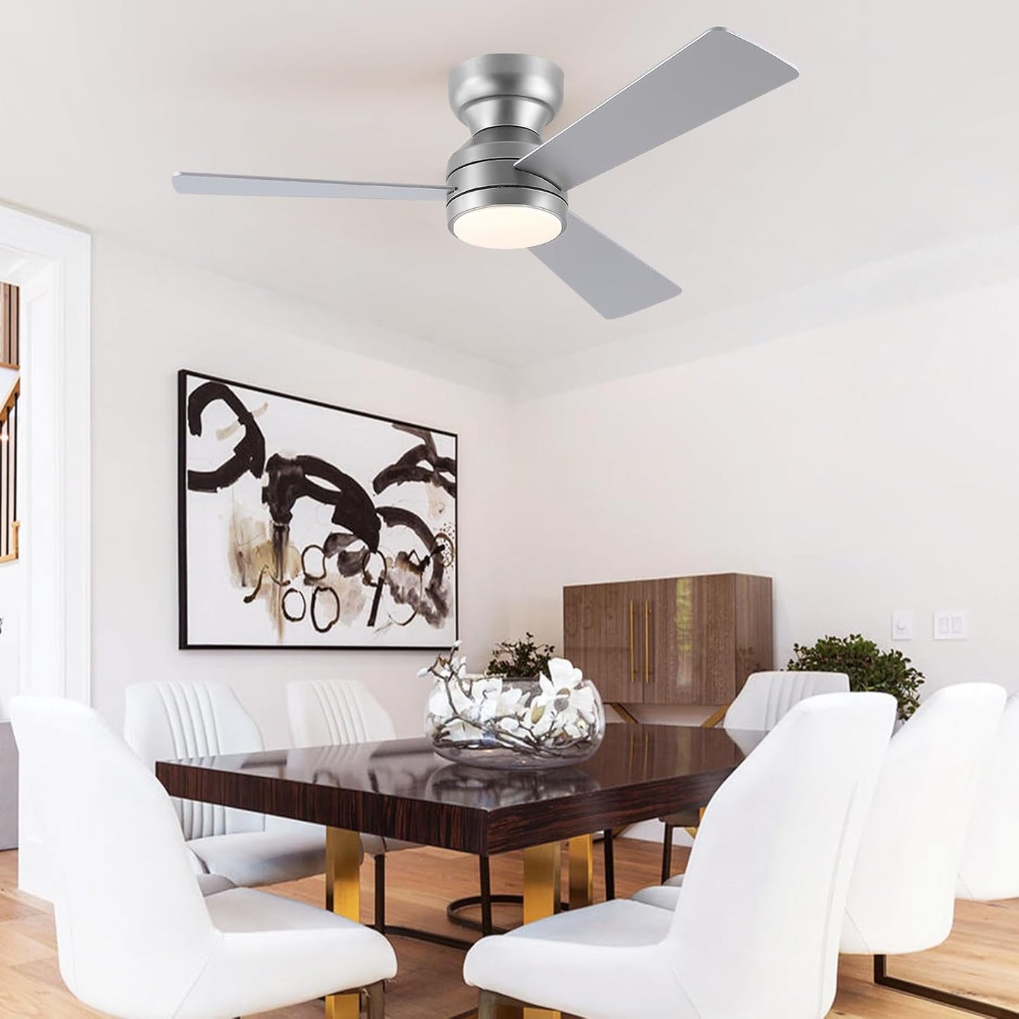 46” Black Low Profile Ceiling Fan with Lights & Remote Control - Dimmable, Noiseless, Reversible for Bedroom