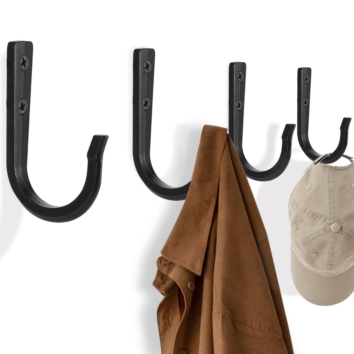 XHIPY Wall Hooks for Hanging Coat/Towel - 50LB Screw in Metal Hanger Wall Mount, for Outdoor, Closet, Door, Bathrooms, for Backpack, Robe, Black 4 Sets