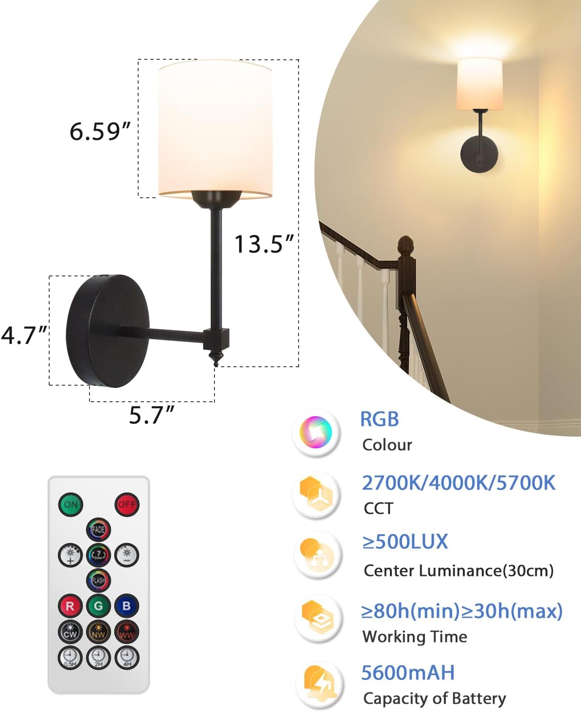 Rechargeable Black Wall Sconce Set of 2 - 5CCT Wireless Dimmable Lights with Remote for Bedroom & Living Room