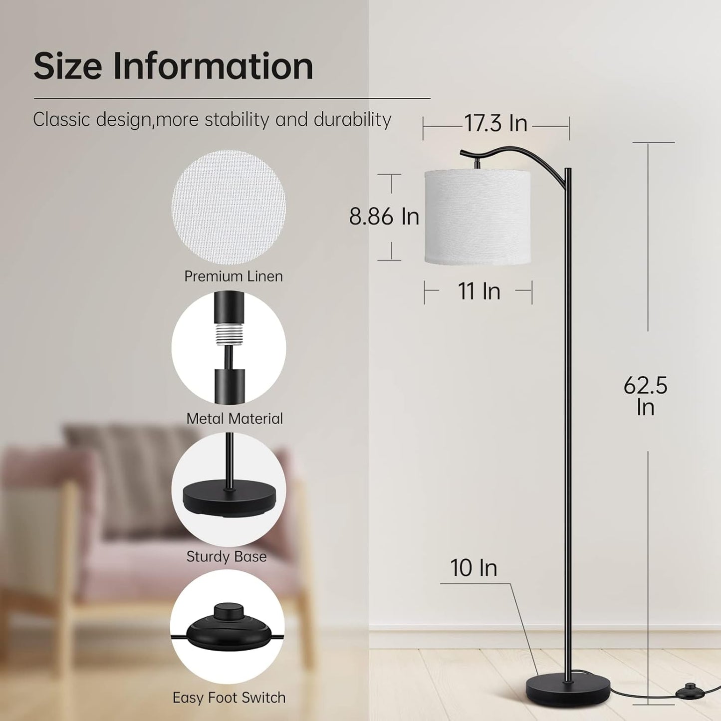 Modern LED Floor Lamp with Bohemian Linen Shade – Arched Tall Standing Light for Living Room & Bedroom