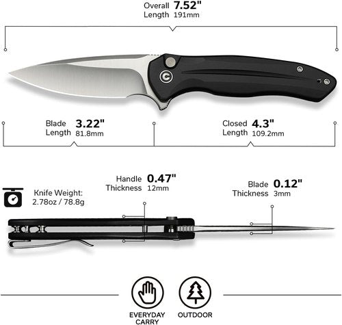 CIVIVI Kitefin EDC Pocket Knife, 3.22“ 14C28N Drop Point Blade Folding Knife, Aluminum Handle with Reversible Clip for Camping Hiking Hunting C24091-1, Black