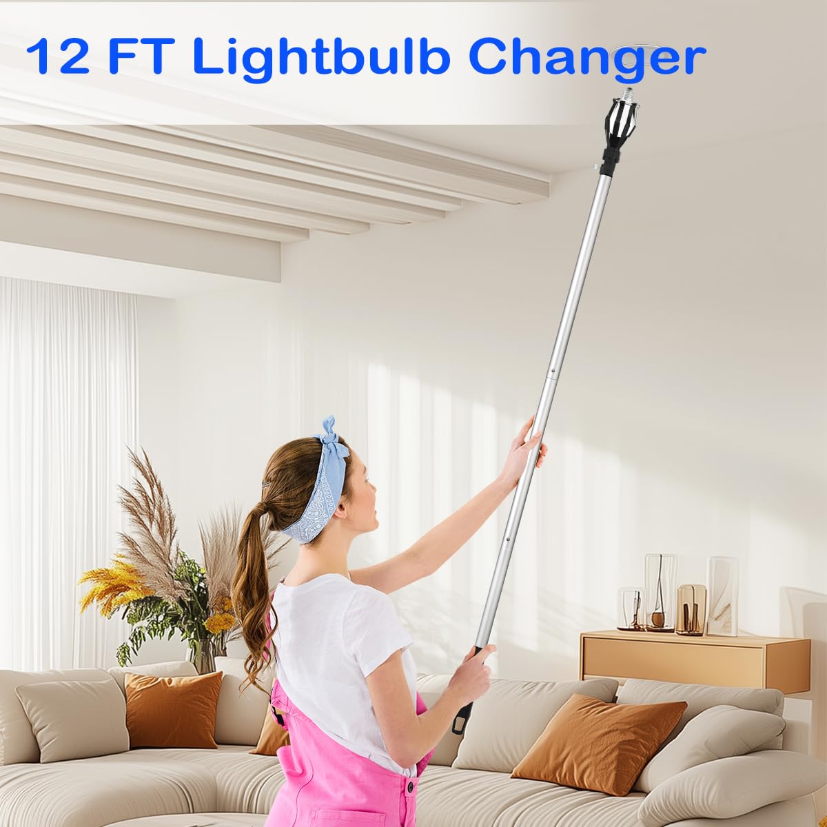 momolove 12FT Light Bulb Changer for High Ceilings, Light Bulb Extension Pole Changer,Light Bulb Extension Pole Changer with 3 Adapters and Carrry Bag