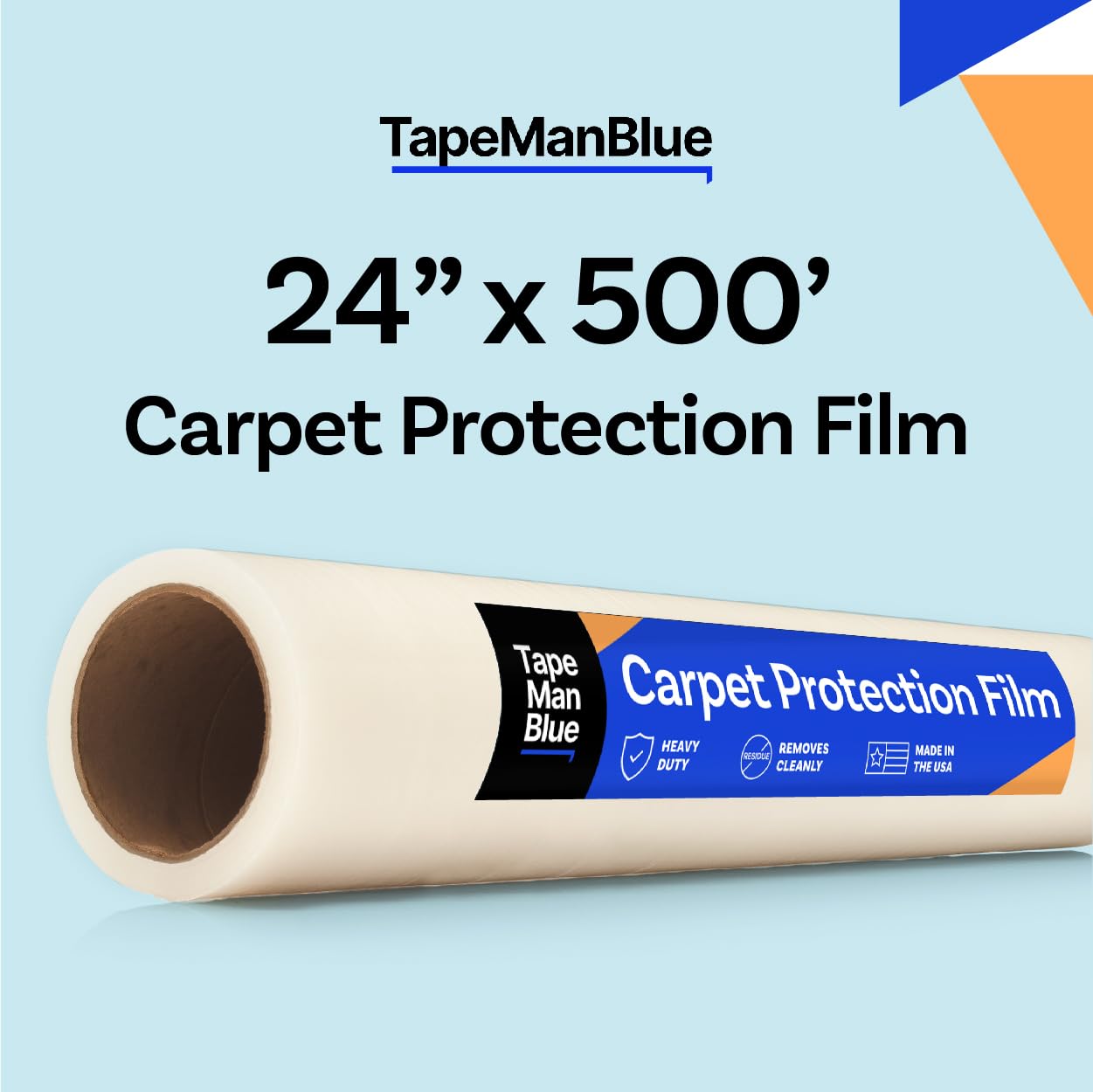TapeManBlue Carpet Protection Film, 24 inch x 500 feet, Made in The USA, Strong and Durable Plastic Carpet Protector with Easy Unwind and Clean Removal, Clear Self-Adhesive Surface Protective Film