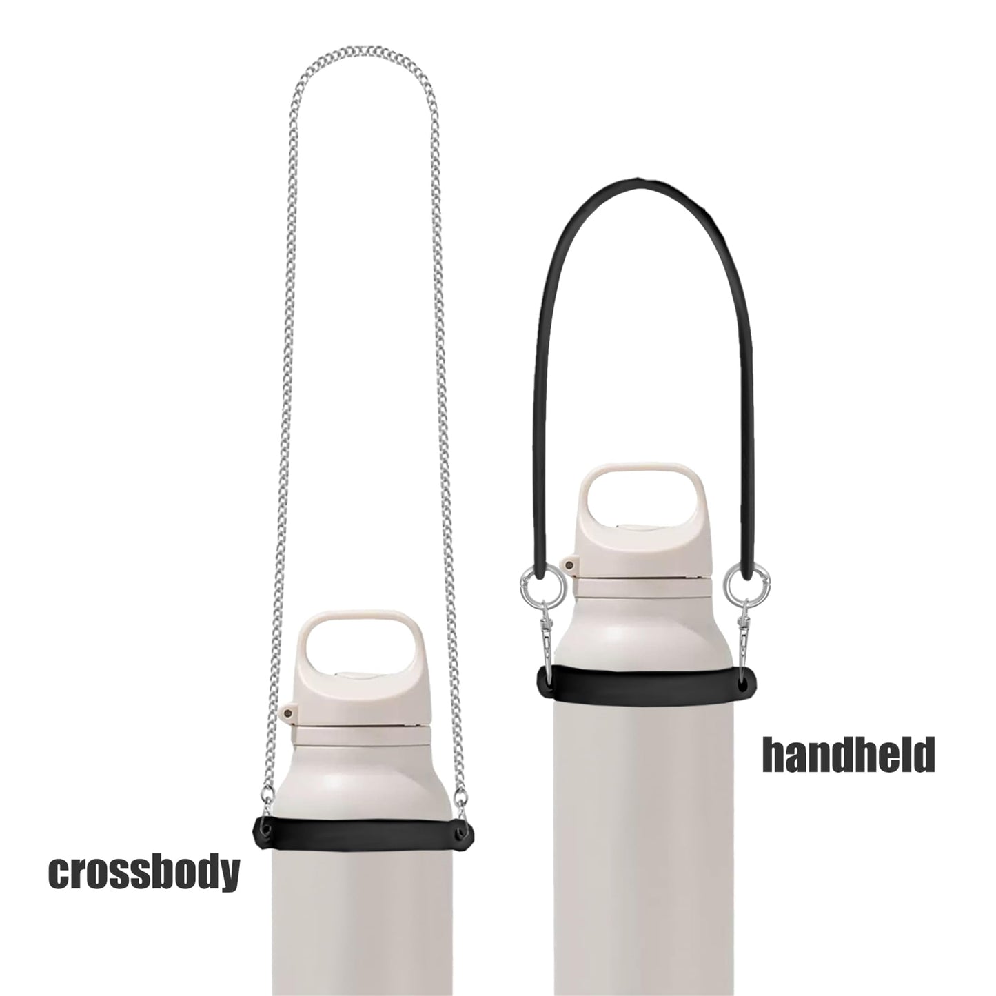 FEVER SEVEN XDSW Universal Water Bottle Carry Strap with Chain - 3-in-1 Silicone Sling, Handle & Holder for 8-40oz Stanley Cup Accessories, Yeti, Owala Tumblers - Hands-Free Cross-Body Design (Black)