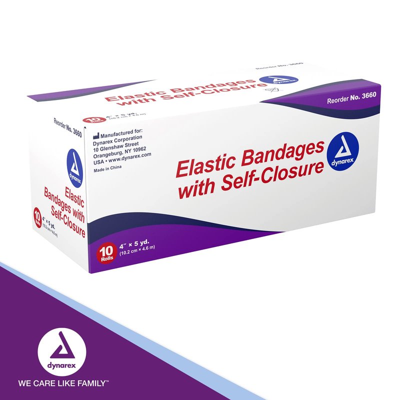Dynarex Elastic Bandages with Self-Closure, 4" x 5 yds, Provides Compression for Injuries, Made from Polyester, Cotton, and Spandex, Non-Sterile and Latex-Free, 10 Rolls of Dynarex Elastic Bandages