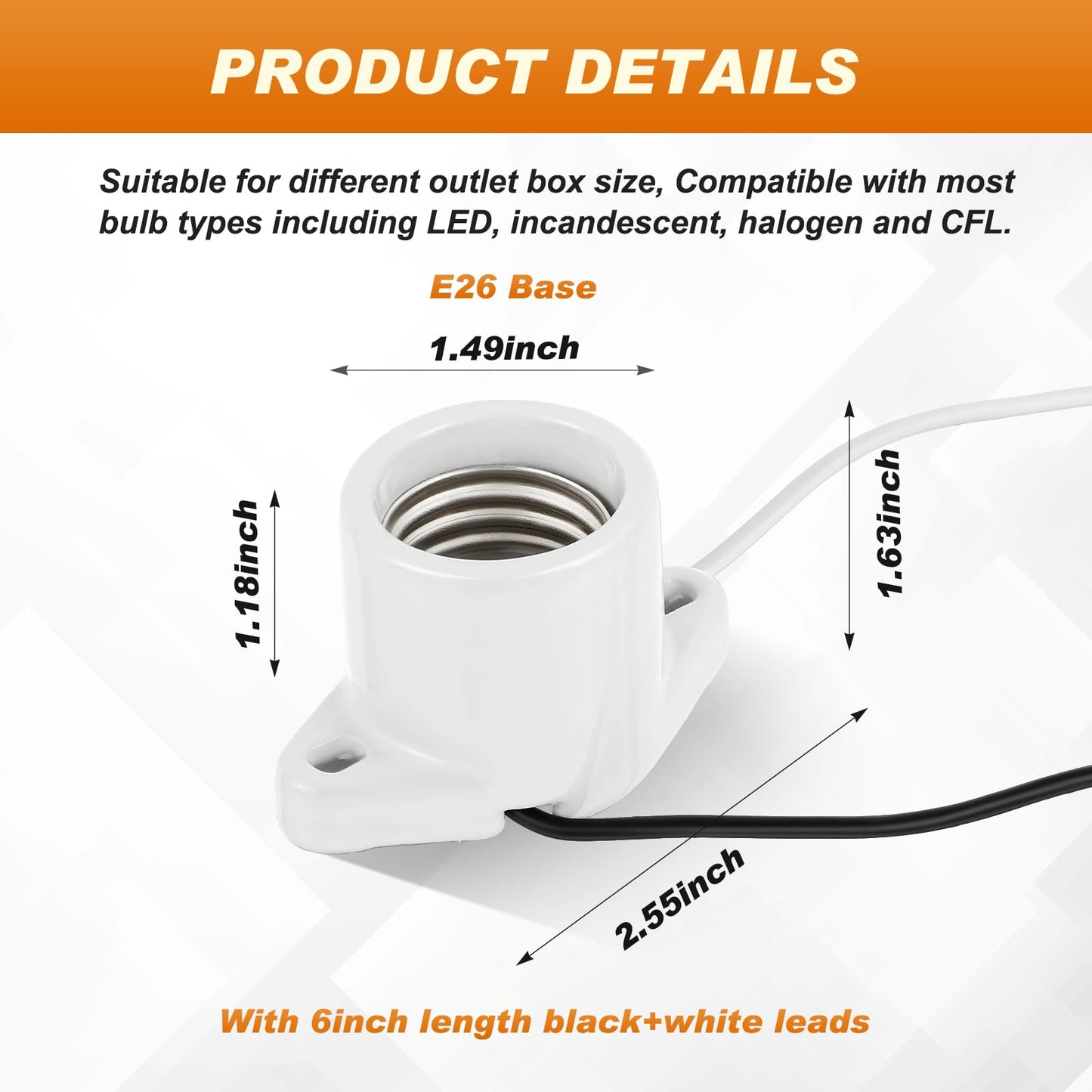 Saysurey 2 Pcs E26 Light Socket Porcelain Lamp Holder Socket Medium Keyless Threaded Base with Two Hole Flange Mounting and 6" Wire Indoor Garage Closet Lighting