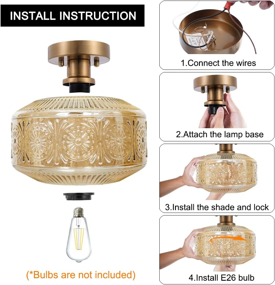 Vintage Semi Flush Mount Ceiling Light Fixture - Brass & Thickened Glass for Hallway, Entryway, Bedroom, Bathroom