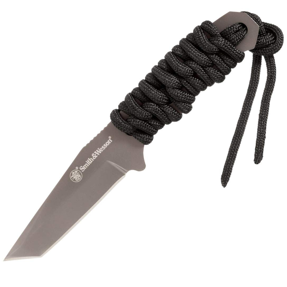 Smith & Wesson SW910TAM 5.9in High Carbon S.S. Full Tang Neck Knife with a 2.8in Tanto Blade and Paracord Handle for Outdoor, Tactical, Survival and EDC,Black
