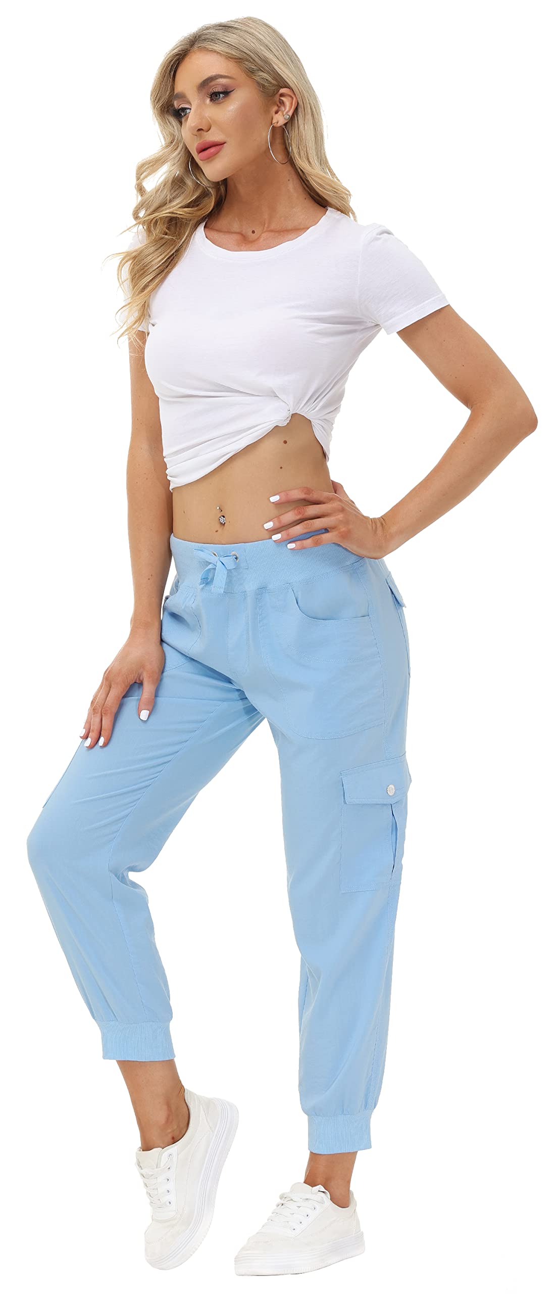 MoFiz Summer Cargo Pants for Womens Quick Dry Outdoor Casual Travel Lounge Hiking Pant Running Joggers Sweatpants with Pockets Wathet L