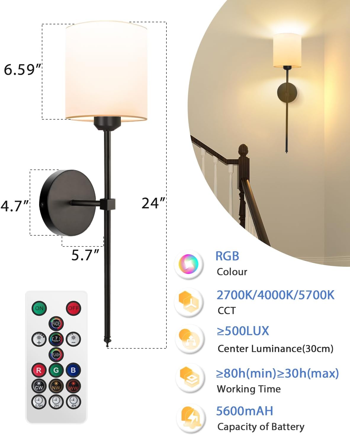 Rechargeable Black Wall Sconce Set of 2 - 5CCT Wireless Dimmable Lights with Remote for Bedroom & Living Room