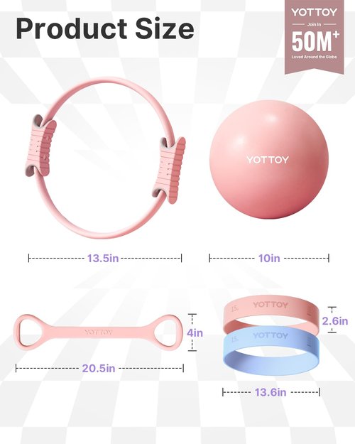 YOTTOY Pilates Ring and Ball Set, Figure 8 Resistance Bands, Stretch Bands&Guide,Pilates Equipment Set for Beginners for Home Workouts Core Strength, Yoga, Physical Therapy & Rehab (Pink, 13.5 Inch)