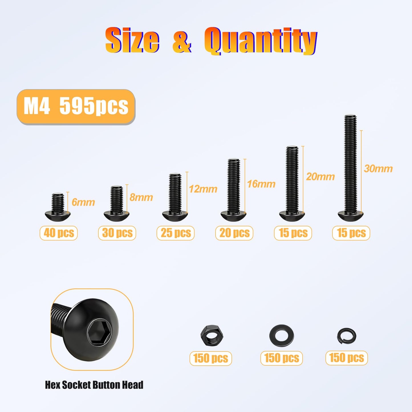 Kadrick 595Pcs M4 Screw Assortment,Machine Screws with Nuts Washers, Grade 10.9 Alloy Steel Hex Socket Button Head Black M4 Bolts Kit,Lenth Form 6mm-30mm