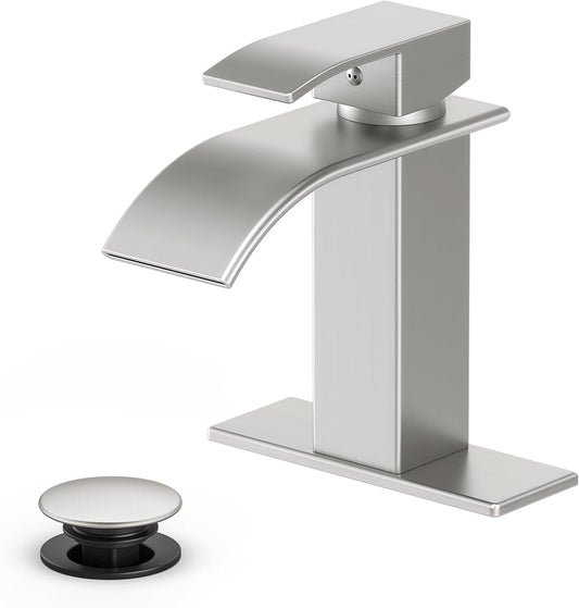 Modern Brushed Gold Bathroom Faucet with Waterfall Spout & Pop-Up Drain - Single Handle Vanity Sink Faucet