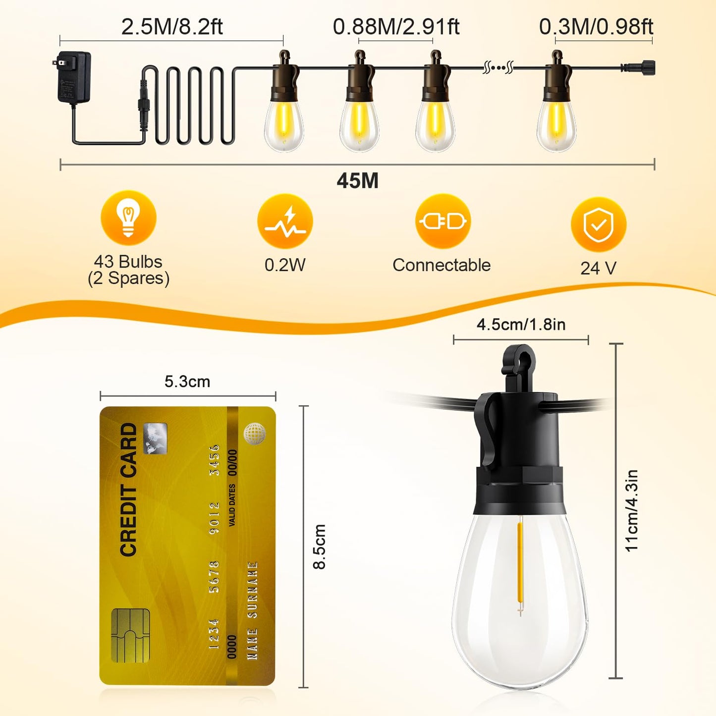 TBOSW Outdoor String Lights Patio LED Light Outside - 45M 43+2 S14 LED Dimmable 150ft Porch Lighting IP65 Waterproof