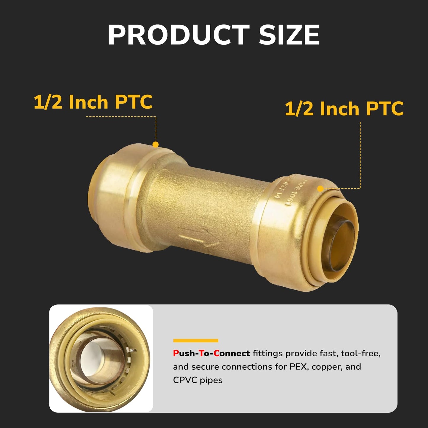 KAINGA 1/2" Check Valve Push-Fit, Push to Connect Brass Plumbing Fitting for Copper, CPVC, PEX Pipes, With Upgraded Stiffener, Disconnect Clip Included, NSF & UPC Certified