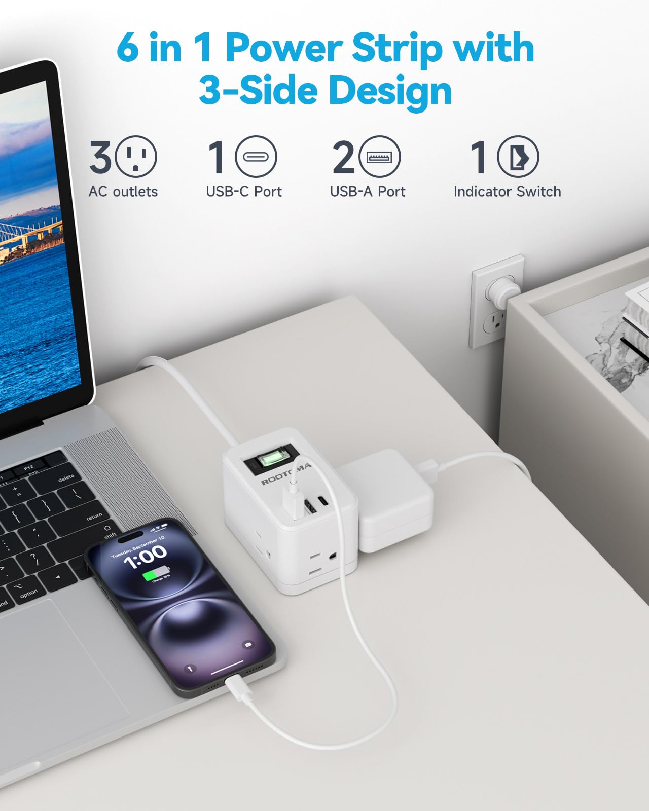 6ft Small Extension Cord, Cruise Approved Outlet, 3-Side Outlet Extender, Power Strip Cube with 3 Outlets 3 USB Ports (1 USB C), Non Surge Protector for Travel