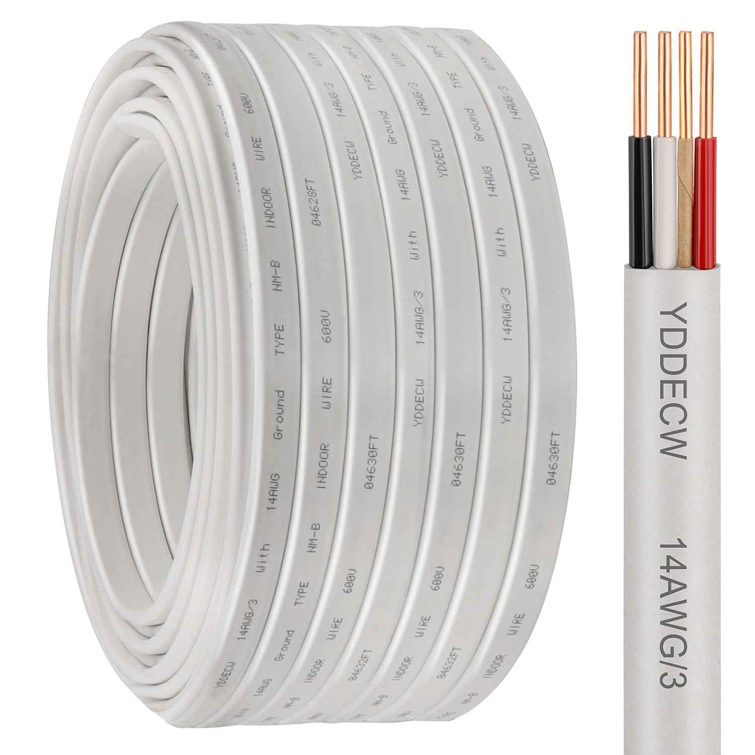 14 Gauge NM-B Wire with Ground - 50FT Pure Copper Indoor Electrical Cable for Outlets & Switches