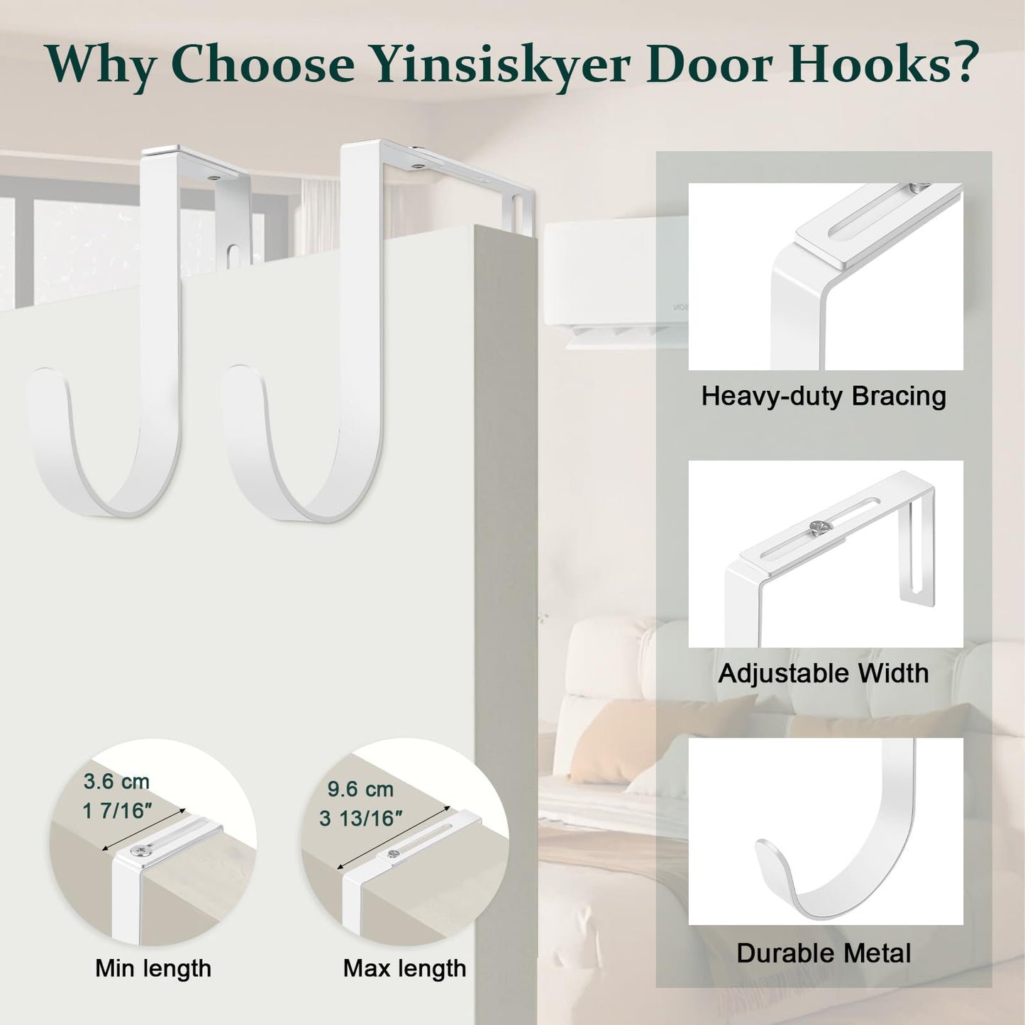 Yinsiskyer Adjustable Over The Door Hooks, Premium Metal Hooks for Hanging, Heavy Duty Door Coat Hangers and Towel Door Hangers, Cubicle Hook fits 1 3/8" to 3 1/2" Longer Panels for Wreath,White,5 Pcs