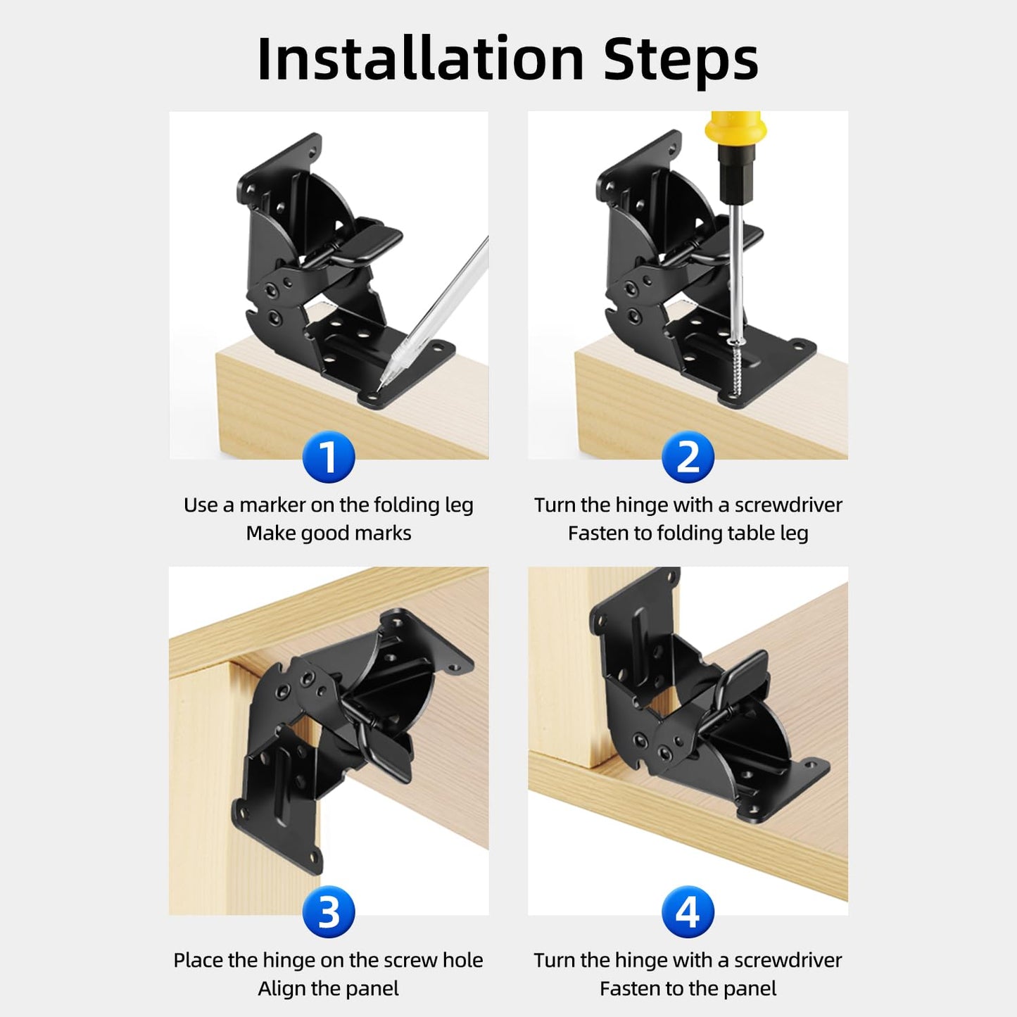 YDAJIURI Folding Brackets 4 Pack, Heavy-Duty Self-Locking Hinges with Screws, Foldable Lock Extension Support Brackets for Table Legs, Bed Legs, Workbenches – Black