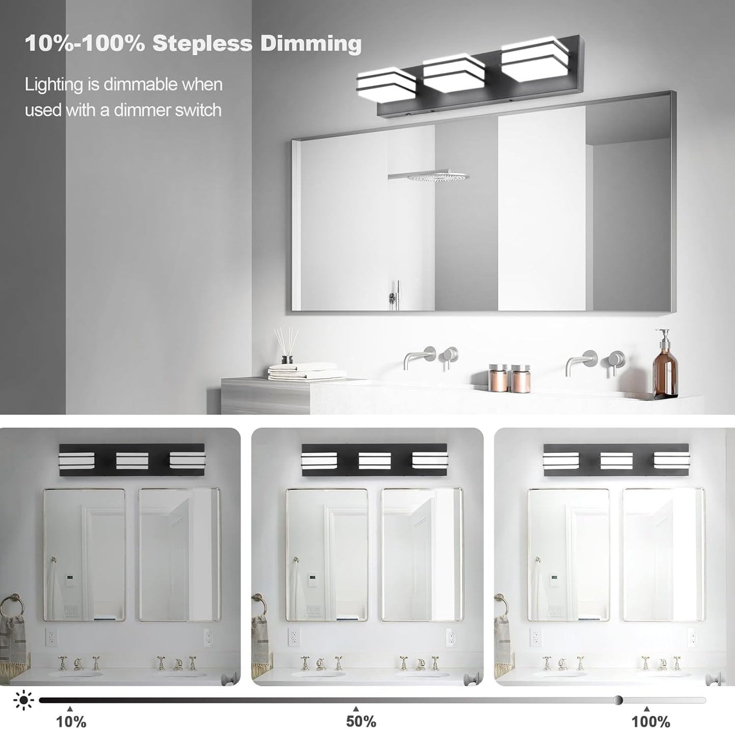 LED Chrome 3-Light Dimmable Bathroom Vanity Light Fixture - Modern Acrylic & Stainless Steel Over Mirror Lighting
