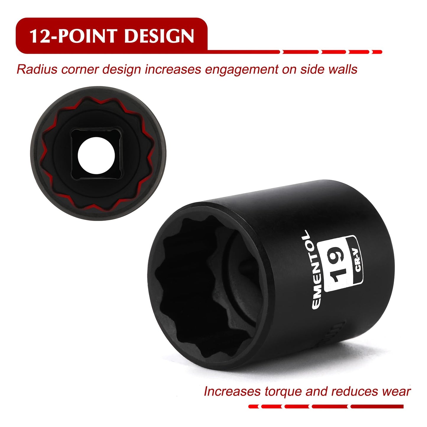 EMENTOL 14PCS 3/8"Dr. Standard Impact Socket Set, Metric, 12-Point, CR-V, 14 Pieces 3/8-Inch Drive Shallow Socket Set, 7mm - 19mm