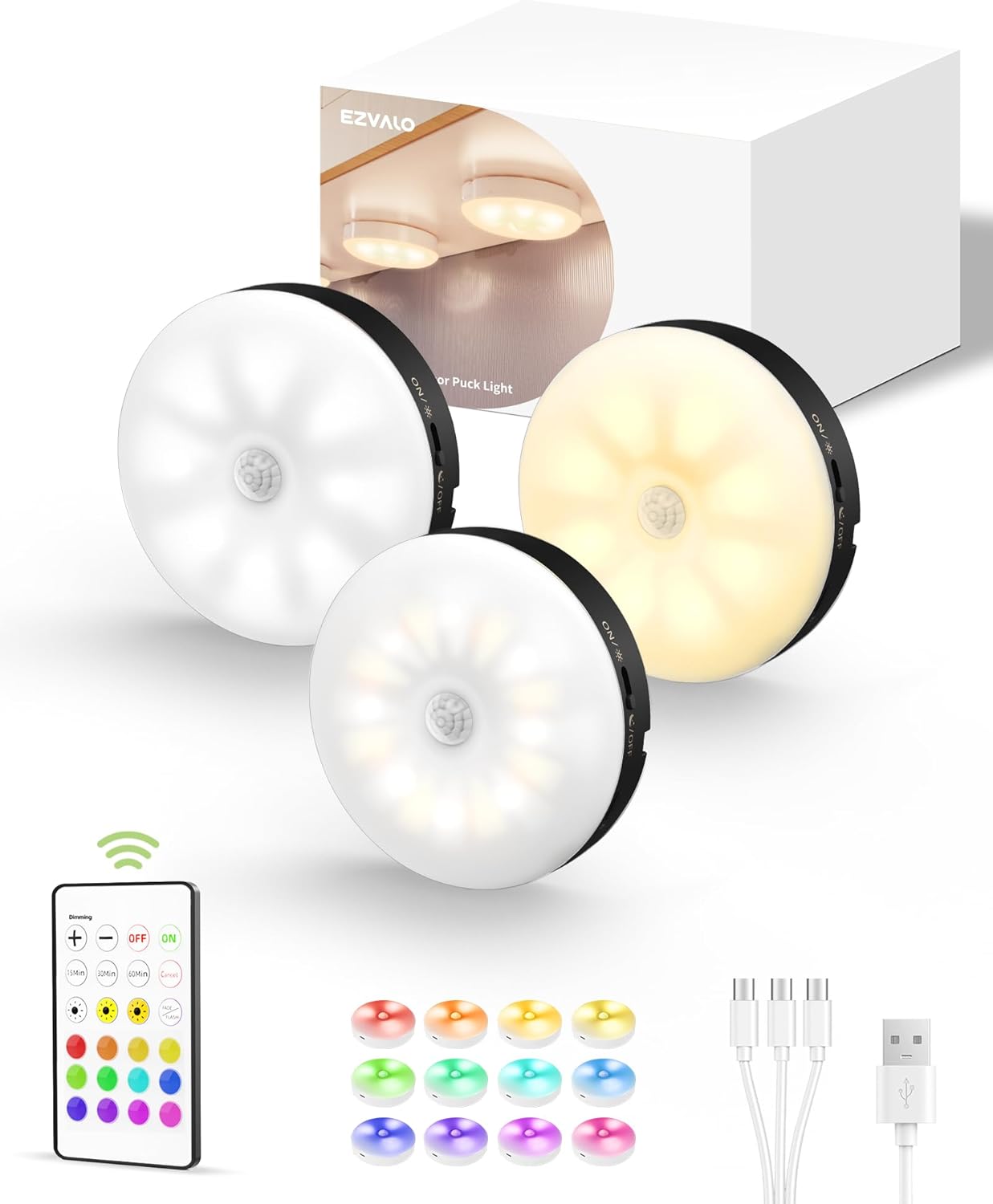 Rechargeable Under Cabinet Puck Lights with Remote - Dimmable RGB & 3 Color Temps (6 Pack)