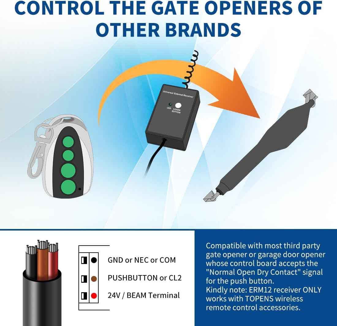 TOPENS ERM12 Universal Gate Opener Receiver & 2 Remotes - Automatic Swing & Slide Accessory