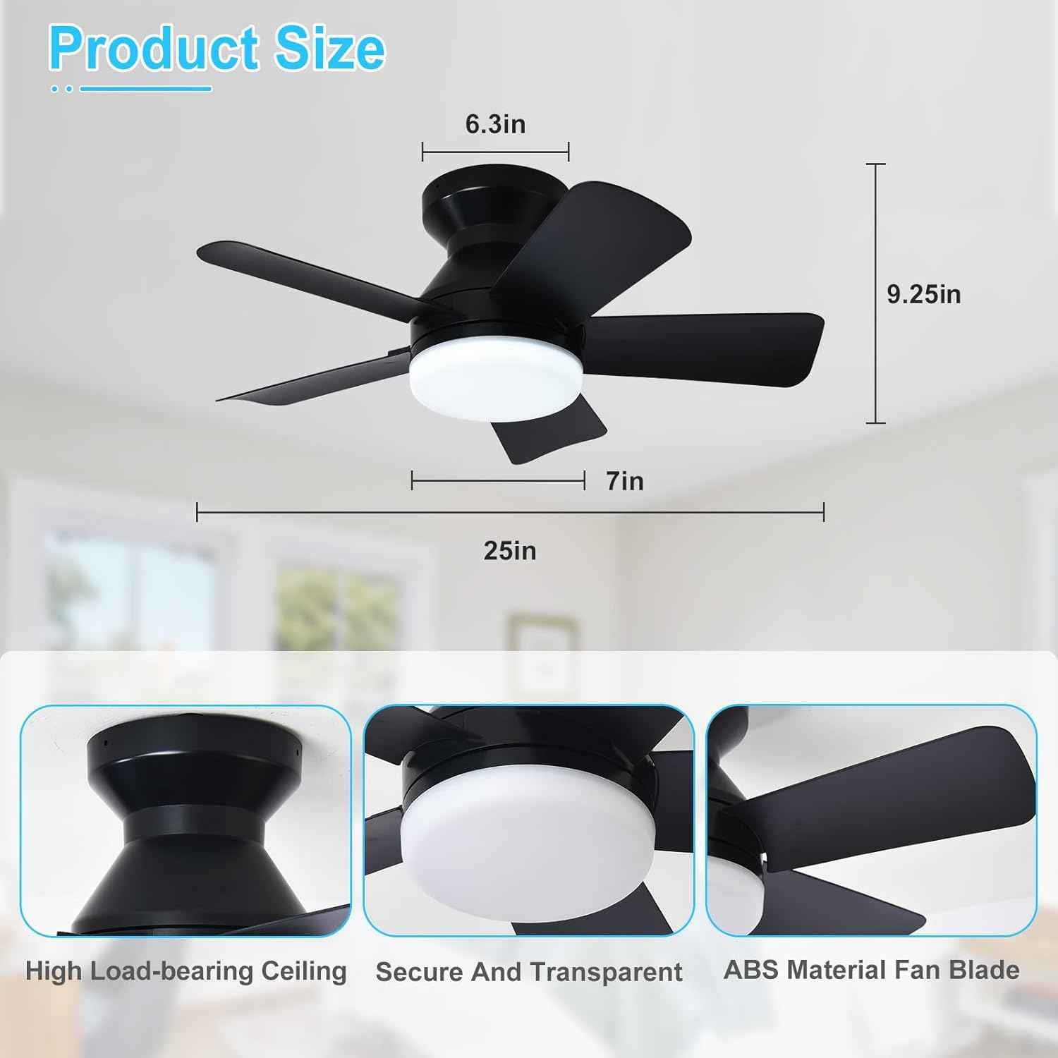 42-Inch Modern Black Ceiling Fan with Light & Remote - Dimmable Low Profile, 5 Reversible Walnut Blades, 6 Speeds for Indoor/Outdoor Use