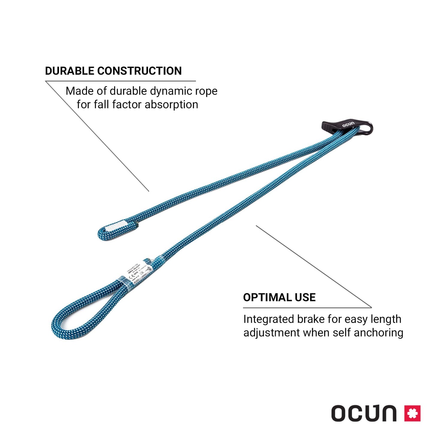 Ocun SBEA Adjust, Self-Belay Energy Absorption Adjustable Lanyard for Self-Belay Rock Climbing (20-100 cm), Blue/White