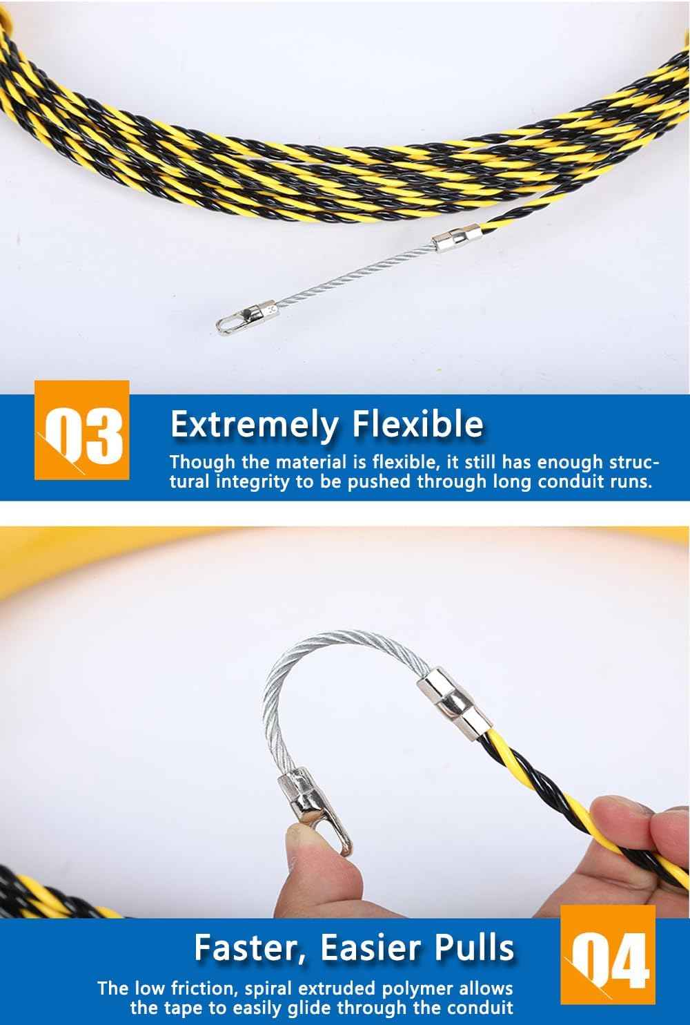 165ft Fish Tape Wire Puller - 1/6-Inch Electrical Fish Tape with Guide Spring & Ergonomic Handle