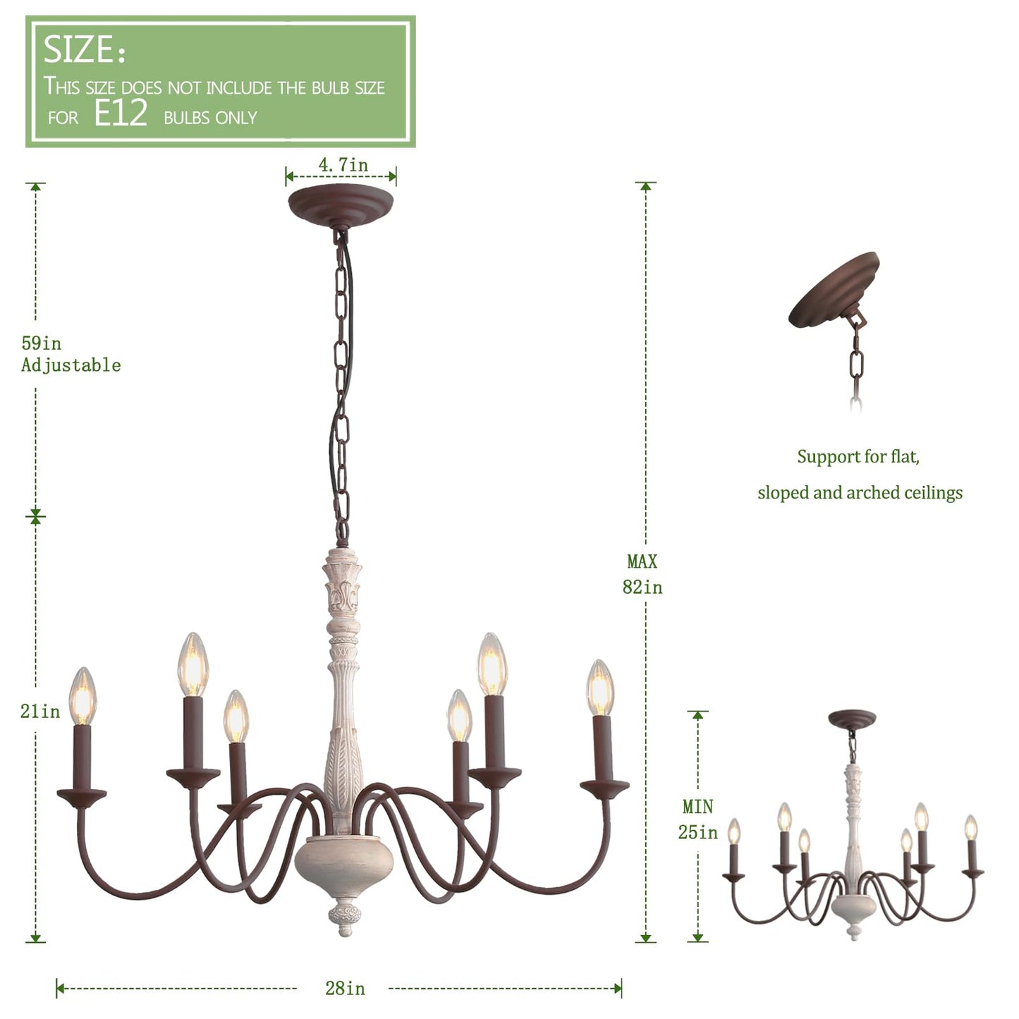 French Country Chandelier,6-Light Farmhouse Chandelier Vintage Candle Dining Room Lighting Fixture Brown White Antique Industrial Chandeliers for Living Room Kitchen Island Foyer Bedroom Lighting