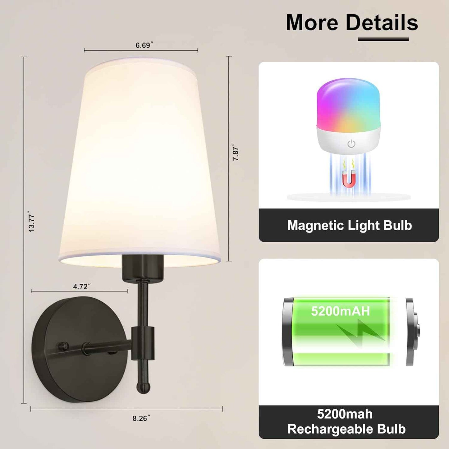 Rechargeable Gold Battery Operated Wall Sconces Set of 2 with Remote & RGB Bulbs