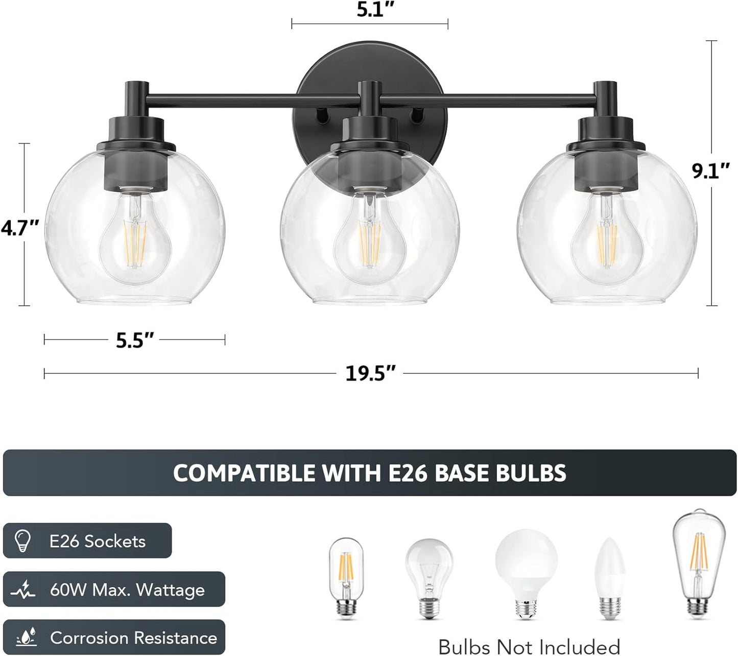 3-Light Vanity Bathroom Light Fixture with Globe Glass Shades - Brushed Nickel, ETL Certified