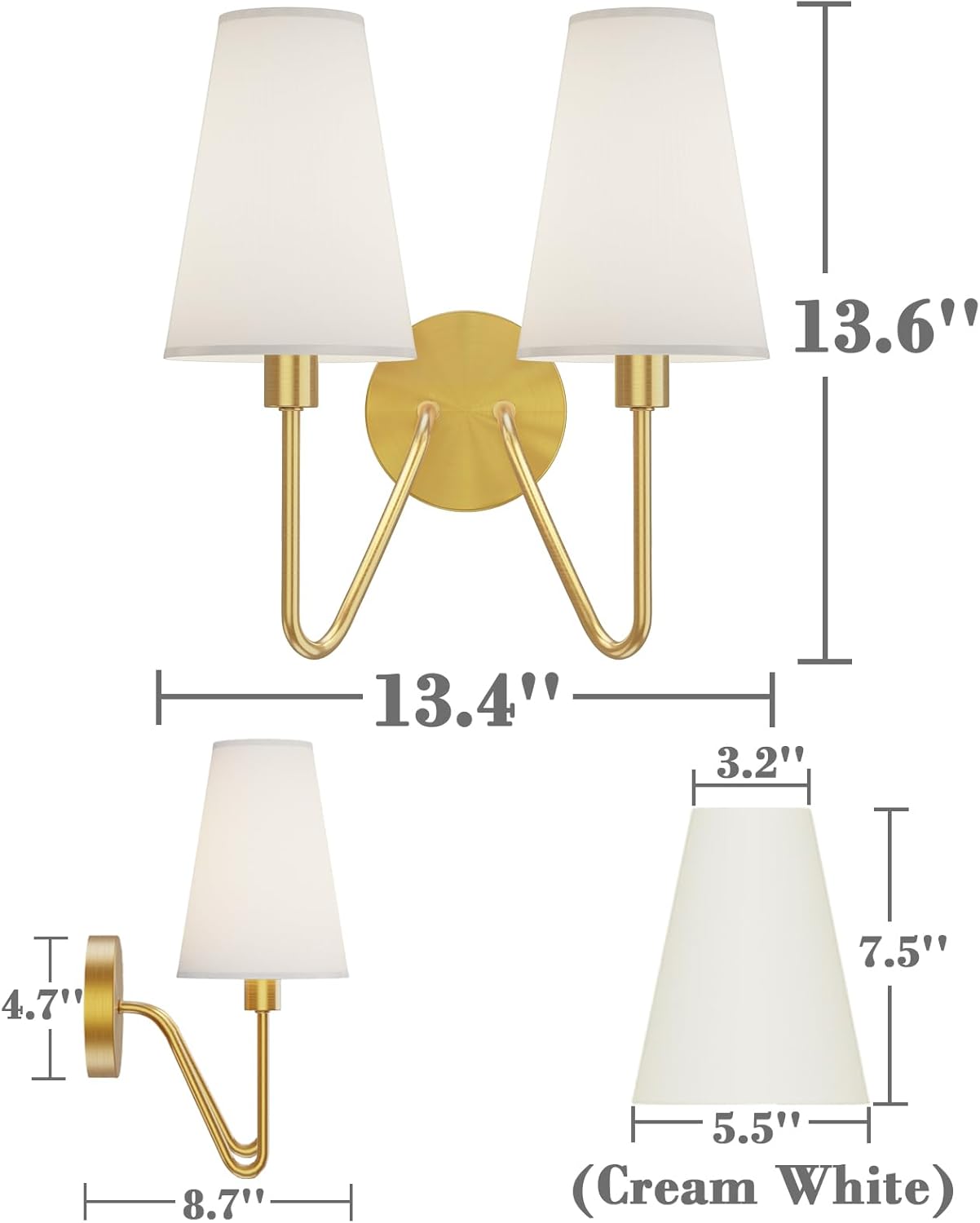 Gold Wall Sconce Lighting Fixture - Set of 2 Classic E12 Hardwired Lamps with Cream Shades